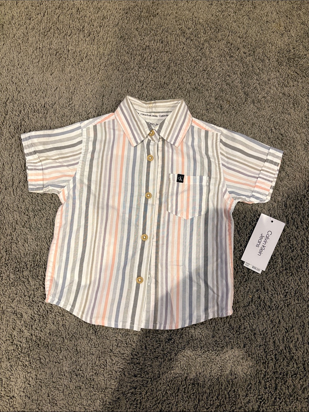 Calvin Klein Short-Sleeve Striped Button-Down Shirt - White/Blue/Pink